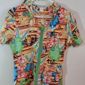 Alberto Makali XL hooded short sleeve floral print zippered shirt